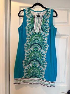 New York & Company V-Neck Teal, Turquoise & Navy Patterned Sleeveless Dress Sz L